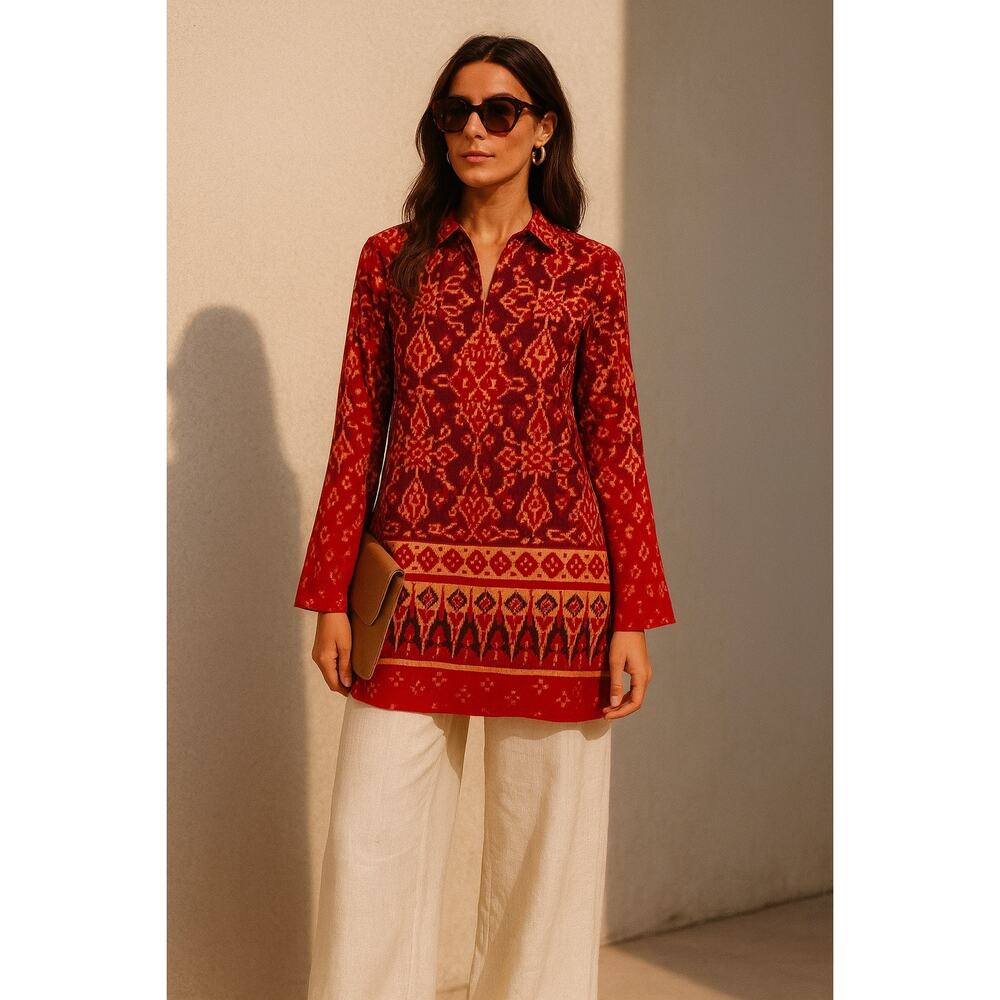 Vintage Ralph Lauren Ikat Tunic Top Colorful Blouse Red XL Cotton Long Sleeve